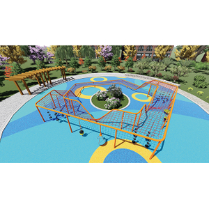 Zona de juegos con red de cuerda para escalar con columpio y rotonda
